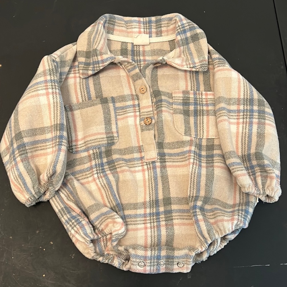 Oversized collared flannel henley bubble romper with pockets